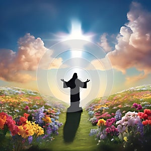 image of glorious resurrection of Jesus with colorful new beginning and colorful spring flowers.