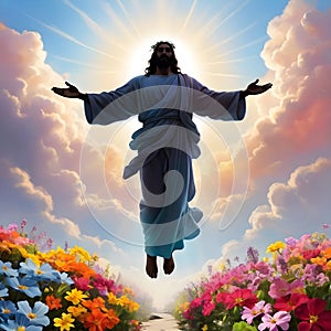 image of glorious resurrection of Jesus with colorful new beginning and colorful spring flowers.