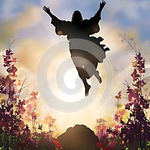 image of glorious resurrection of Jesus with colorful new beginning and colorful spring flowers.