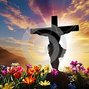 image of glorious resurrection of Jesus with colorful new beginning and colorful spring flowers.