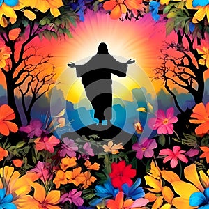 image of glorious resurrection of Jesus with colorful new beginning and colorful spring flowers.