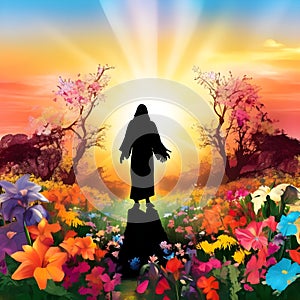 image of glorious resurrection of Jesus with colorful new beginning and colorful spring flowers.