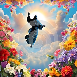 image of glorious resurrection of Jesus with colorful new beginning and colorful spring flowers.