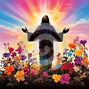 image of glorious resurrection of Jesus with colorful new beginning and colorful spring flowers.