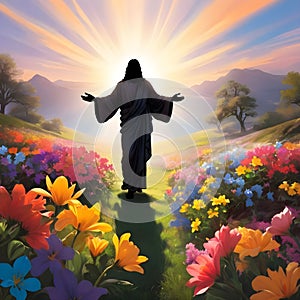 image of glorious resurrection of Jesus with colorful new beginning and colorful spring flowers.