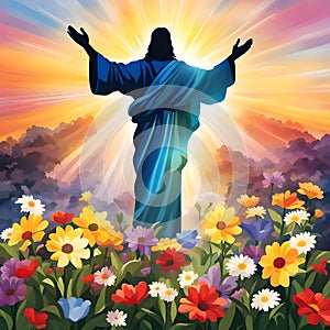 image of glorious resurrection of Jesus with colorful new beginning and colorful spring flowers.