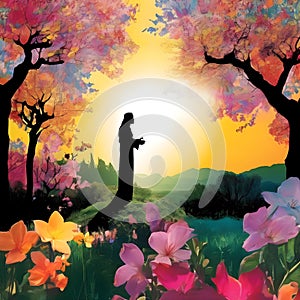 image of glorious resurrection of Jesus with colorful new beginning and colorful spring flowers.