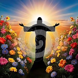 image of glorious resurrection of Jesus with colorful new beginning and colorful spring flowers.