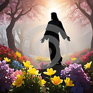 image of glorious resurrection of Jesus with colorful new beginning and colorful spring flowers.