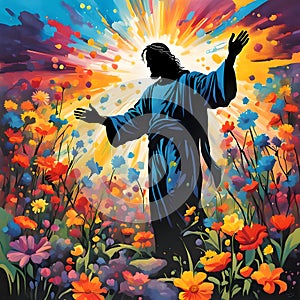 image of glorious resurrection of Jesus with colorful new beginning and colorful spring flowers.