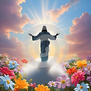 image of glorious resurrection of Jesus with colorful new beginning and colorful spring flowers.