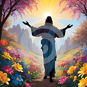 image of glorious resurrection of Jesus with colorful new beginning and colorful spring flowers.