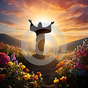 image of glorious resurrection of Jesus with colorful new beginning and colorful spring flowers.