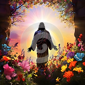 image of glorious resurrection of Jesus with colorful new beginning and colorful spring flowers.