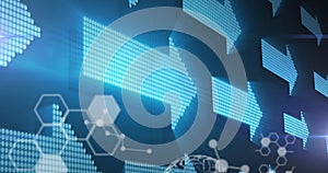 Image of glowing arrows, human brain and medical data processing