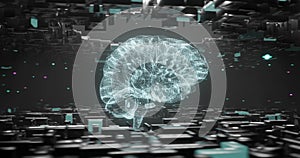 Image of glowing blue human brain and connections on black background