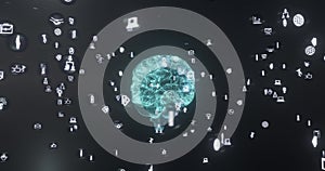 Image of glowing blue human brain and connections on black background