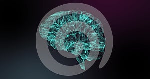 Image of glowing blue human brain spinning on black background