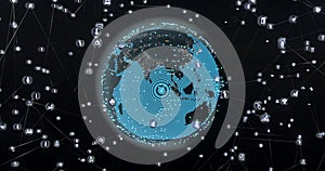 Image of glowing blue mesh of connections with icons over globe on black background