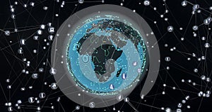 Image of glowing blue mesh of connections with icons over globe on black background