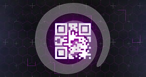 Image of glowing online security qr code with markers and hexagons on black background