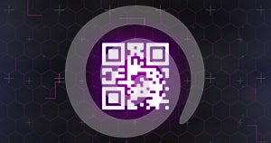 Image of glowing online security qr code with markers and hexagons on black background