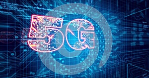 Image of glowing orange 5g text over blue processor socket