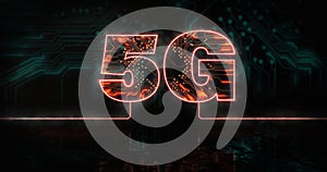 Image of glowing orange 5g text over blue processor socket
