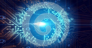 Image of glowing orange human brain over blue processor socket