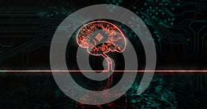 Image of glowing orange human brain over blue processor socket