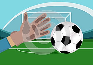 Image of goalkeeper hand with gloves holding a soccer ball. Stadium with Football field and gates on background.Vector