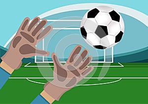 Image of goalkeeper hands with gloves holding a soccer ball. Stadium with Football field and gates on background.Vector