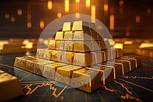Image Gold bars stacked on a table, accentuated by a graph