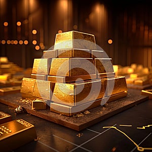 Image Gold bars stacked on a table, accentuated by a graph