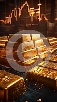 Image Gold bars stacked on a table, accentuated by a graph