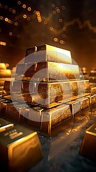 Image Gold bars stacked on a table, accentuated by a graph