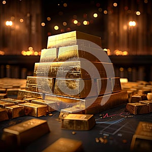 Image Gold bars stacked on a table, accentuated by a graph