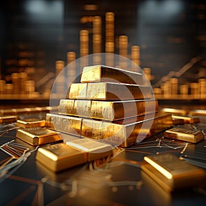 Image Gold bars stacked on a table, accentuated by a graph