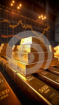 Image Gold bars stacked on a table, accentuated by a graph