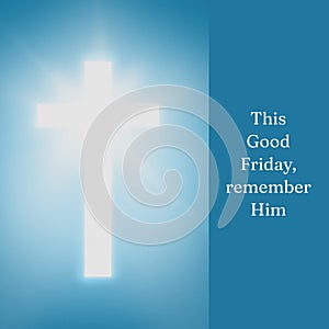 Image of good friday text over blue sky and cross