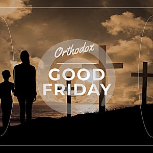 Image of good friday text over silhouette of couple holding hands and crosses
