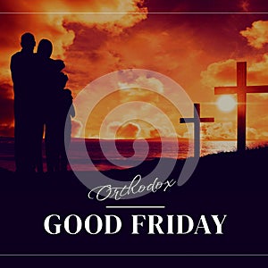 Image of good friday text over silhouette of family embracing and crosses