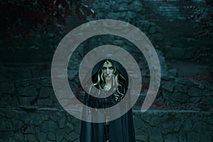 Image of Gorgon Medusa, braid hair and gold snakes, close-up portrait. Gothic make-up in green shades. The woman has a