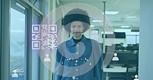 Image of gr code and icons over biracial woman smiling in office photo