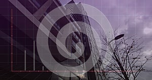 Image of graph and computer language over low angle view of building against cloudy sky