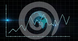 Image of graph and globe on black background with lights