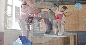 Image of graph processing data over diverse woman jumping on boxes cross training at gym