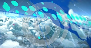 Image of graph, world map and network processing data over blue cloudy sky