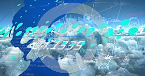 Image of graph, world map and network processing data over blue cloudy sky