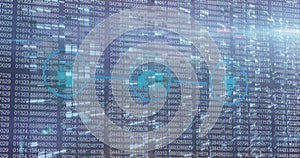 Image of graphical padlock, camera and gps icons in circle over changing binary codes